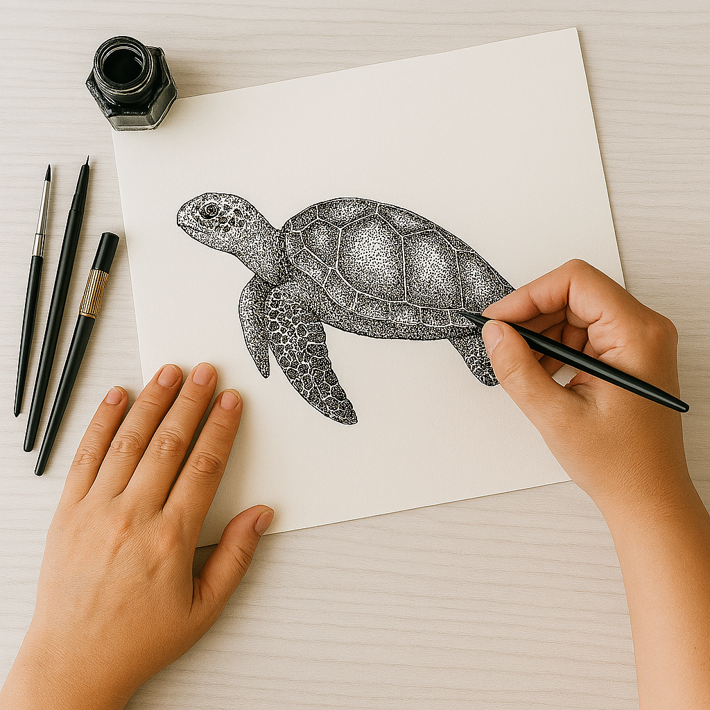 Two hands drawing a turtle in ink