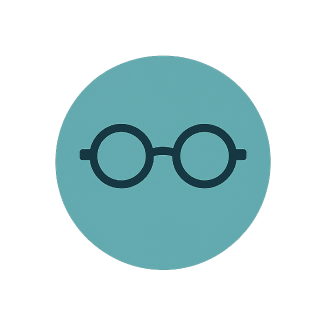 Optometry icon with black glasses on a blue circle in a white circle