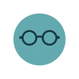 Optometry icon with black glasses on a blue circle in a white circle
