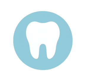 Dentistry icon with white tooth on a blue circle in a white circle