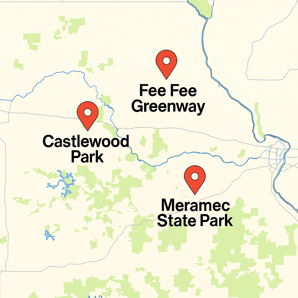 Map showing Fee Fee Greenway, Castlewood Park, and Meramec State Park marked