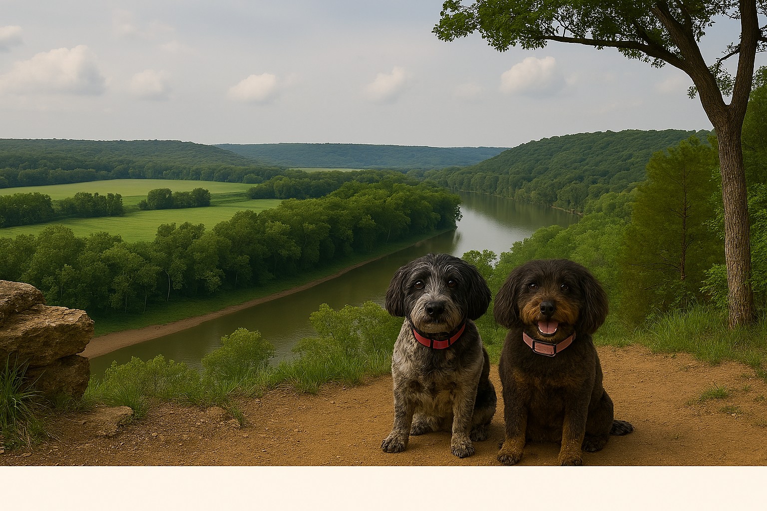 2 cockapoo dogs sitting on a bluff overlooking the river at Castlewood park