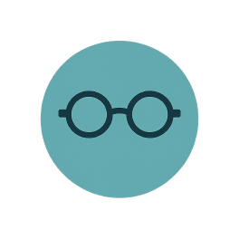 Optometry icon with black glasses on a blue circle in a white circle